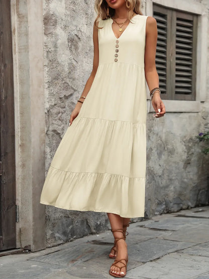 Decorative Button Notched Sleeveless Dress -