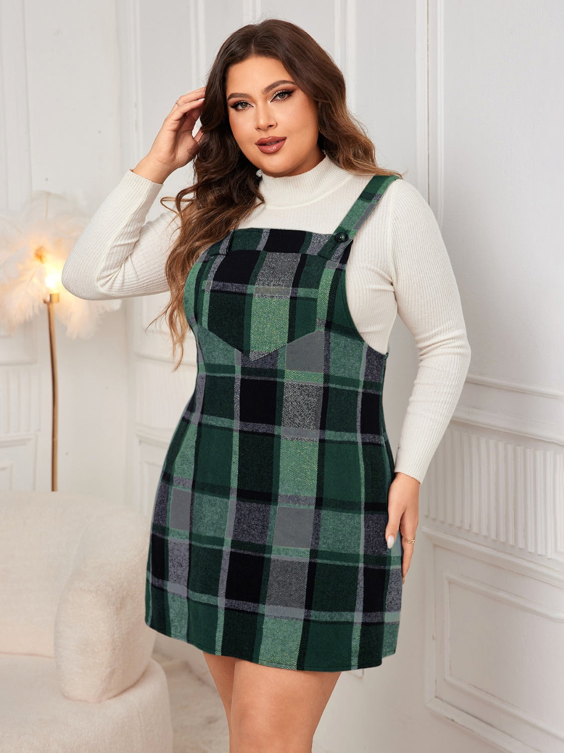 Plus Size Plaid Wide Strap Overall Dress - Dark Green