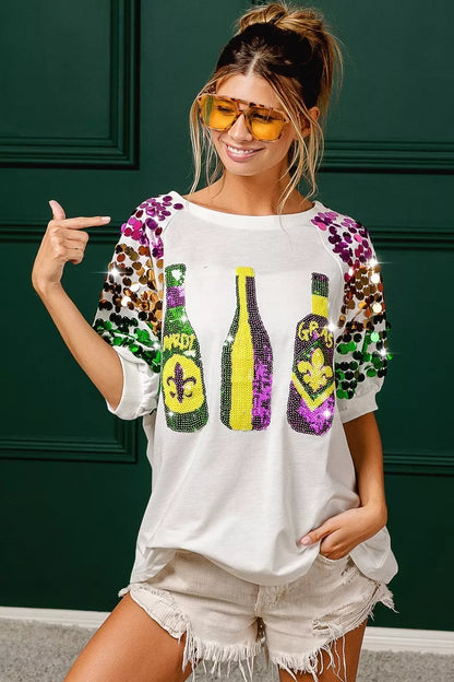 Sequin Mardi Gras Bottles Spangled Sleeve Top -