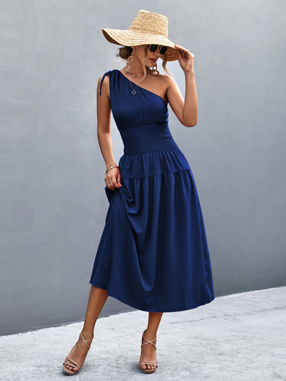 Asymmetrical One Shoulder Smocked Waist Midi Dress | AdoreStarr