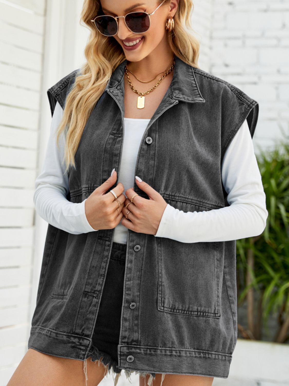 Collared Neck Sleeveless Denim Top -