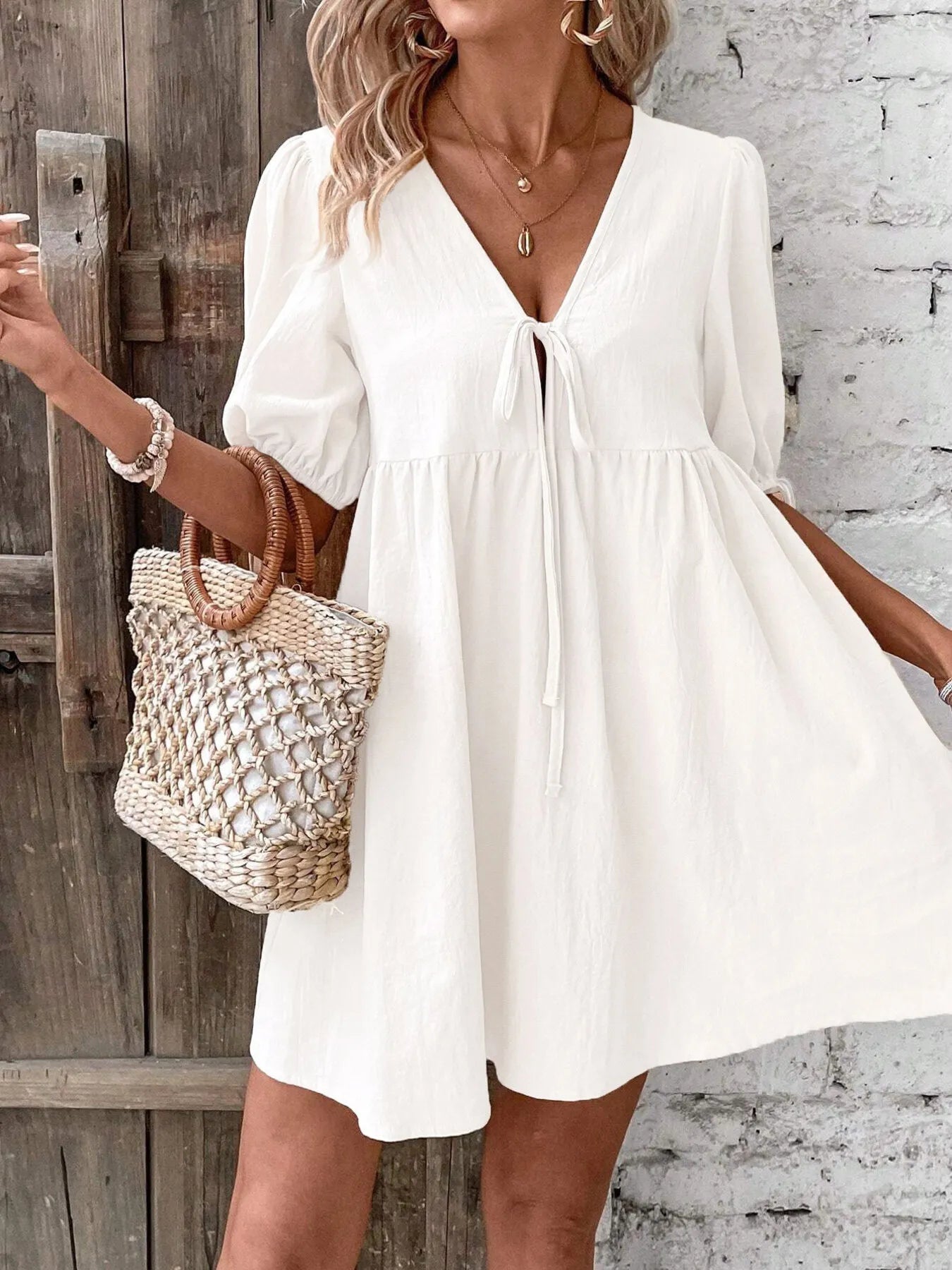 V-Neck Puff Sleeves Mini Dress - White
