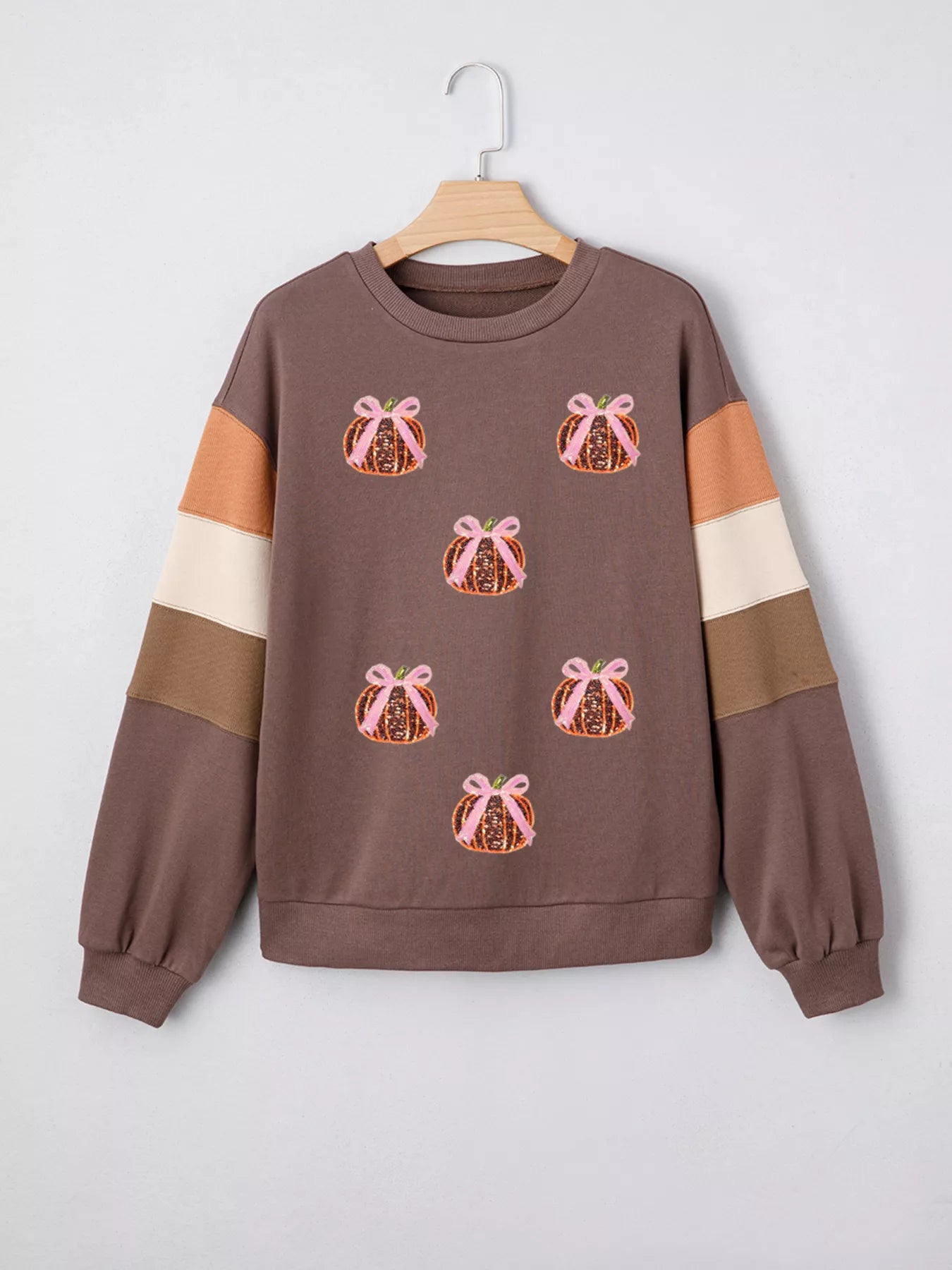 Sequin Bow Pumpkin Round Neck Sweatshirt -