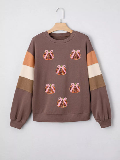 Sequin Bow Pumpkin Round Neck Sweatshirt -