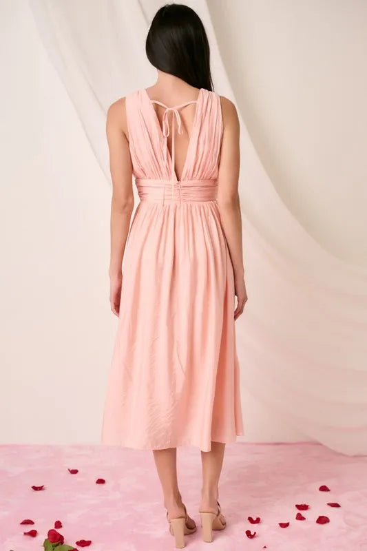 Ruched V-Neck Sleeveless Midi Dress -