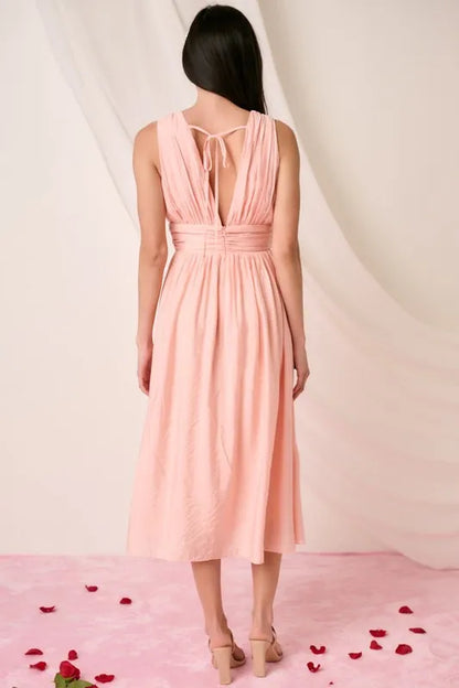 Ruched V-Neck Sleeveless Midi Dress -