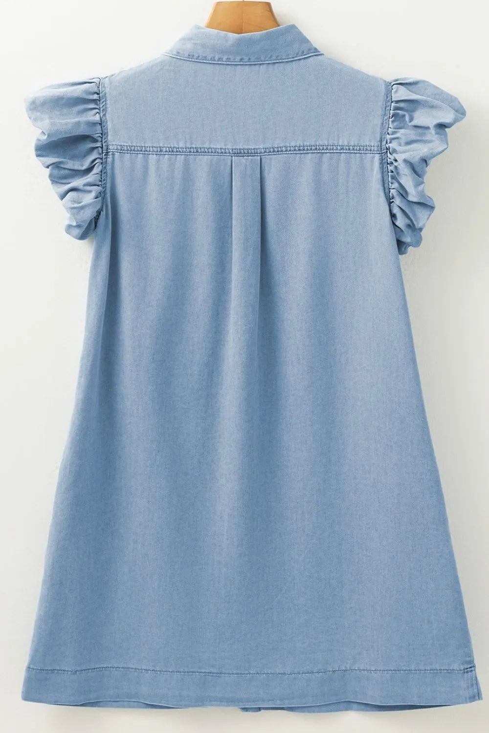 Smocked Collared Neck Cap Sleeve Denim Dress -