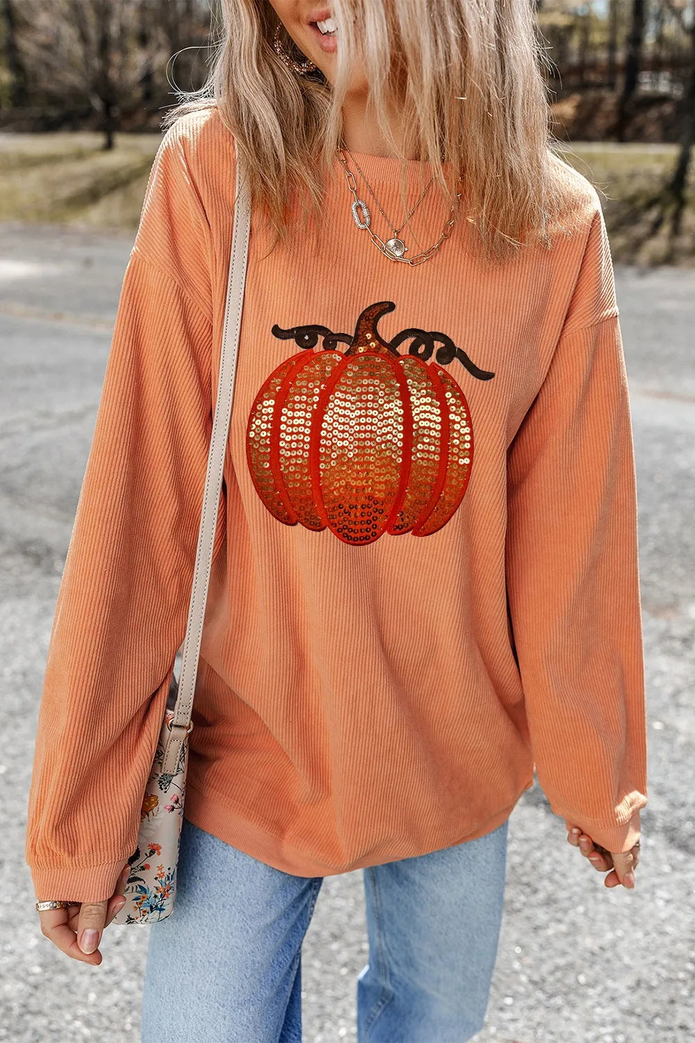 Sequin Pumpkin Round Neck Long Sleeve Sweatshirt - Sherbet