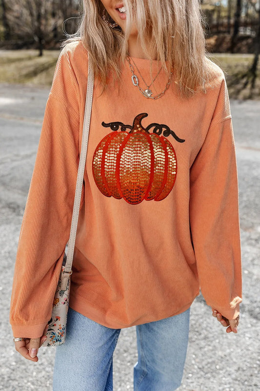 Sequin Pumpkin Round Neck Long Sleeve Sweatshirt - Sherbet