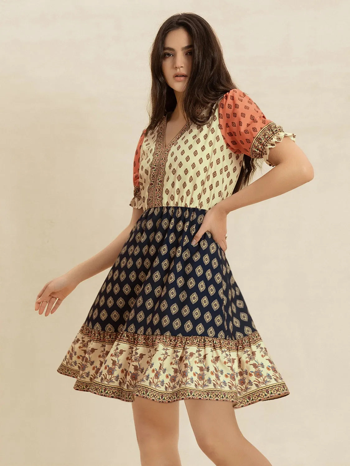 Printed V-Neck Short Sleeve Dress -