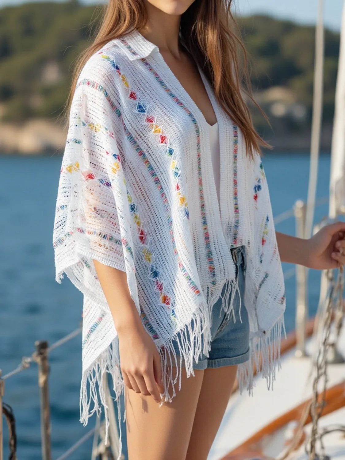 Openwork Fringe Open Front Knit Cape - White One Size
