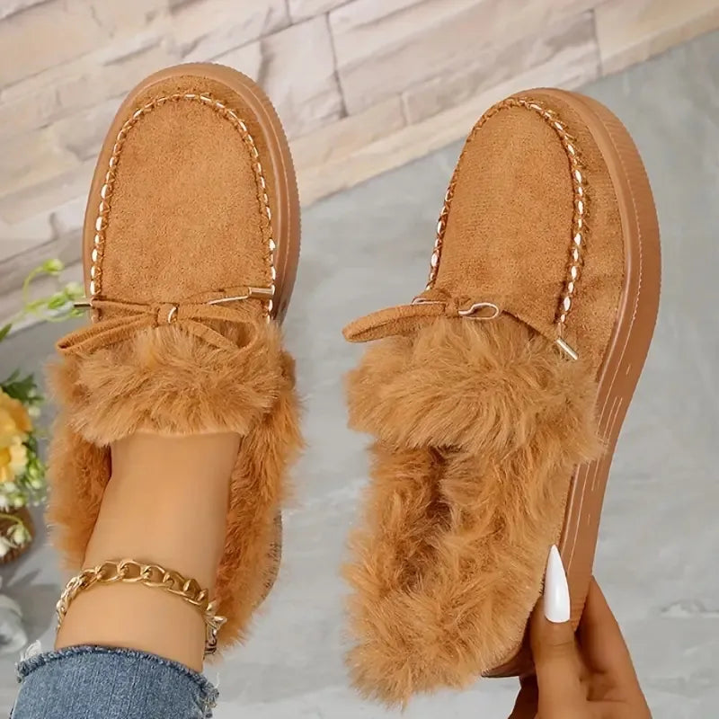 Bow Furry Round Toe Flat Slip-Ons - Brown