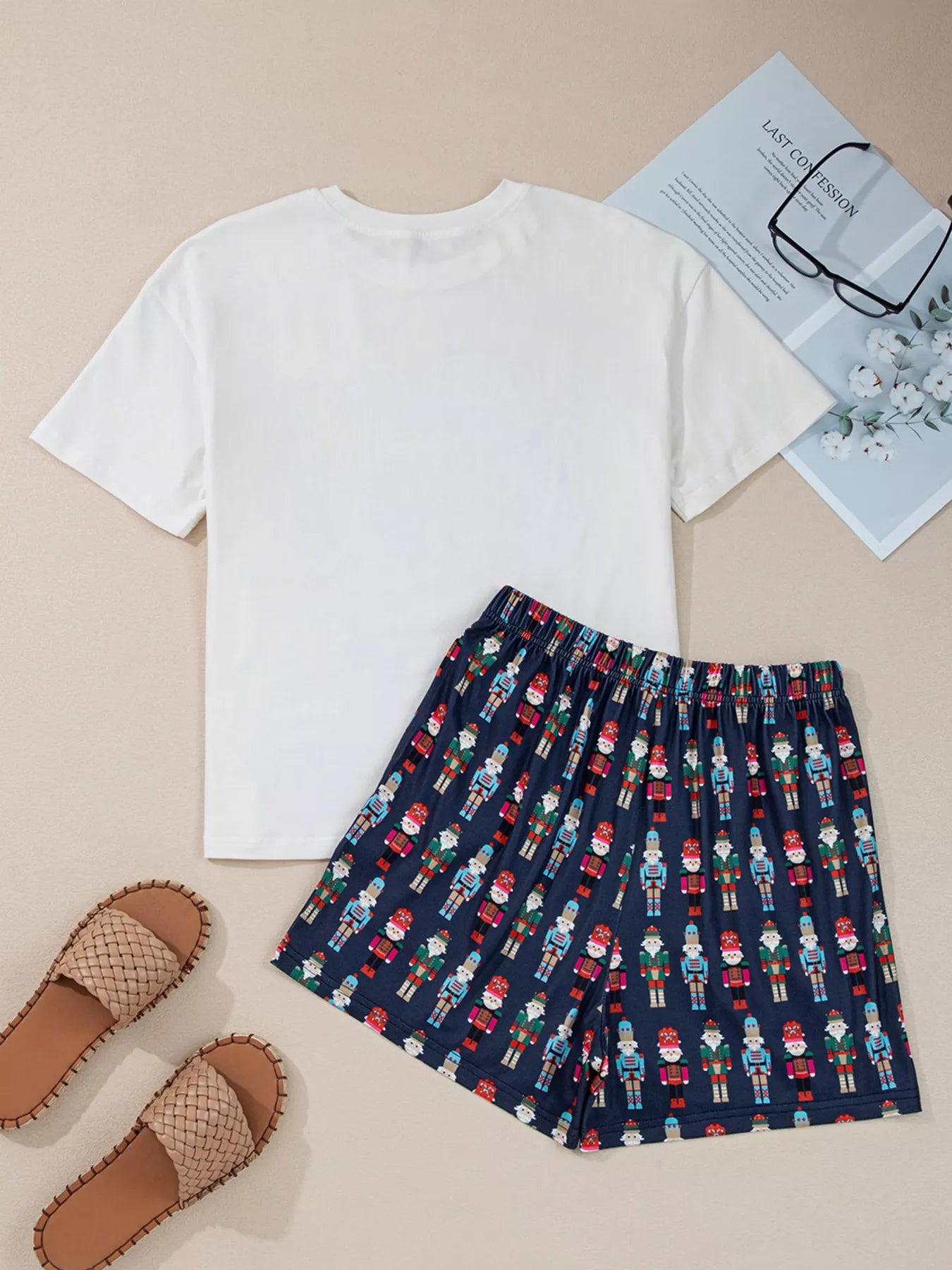 Mama Claus Plaid Letter Tee and Nutcracker Shorts Lounge Set -