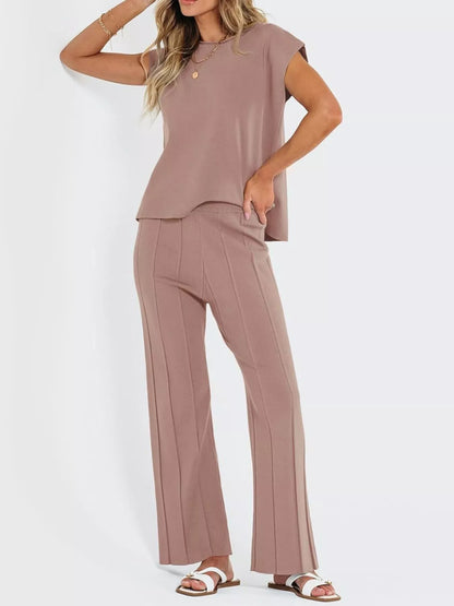 Casual Cap Sleeve Top and Pants Knit Set -