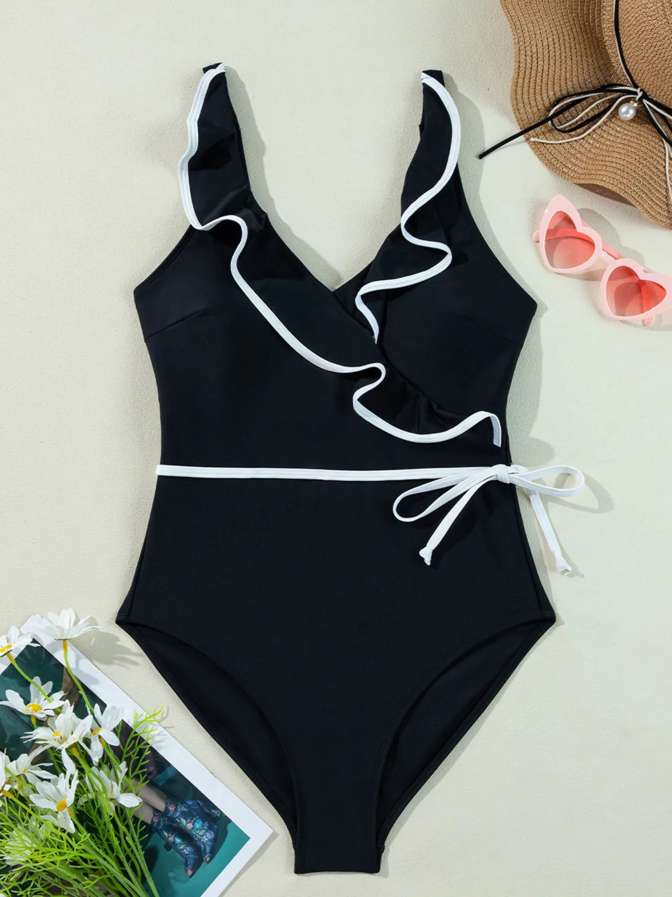 Ruffle Trim V-Neck One-Piece Swimsuit -