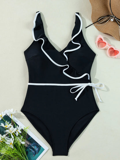 Ruffle Trim V-Neck One-Piece Swimsuit -