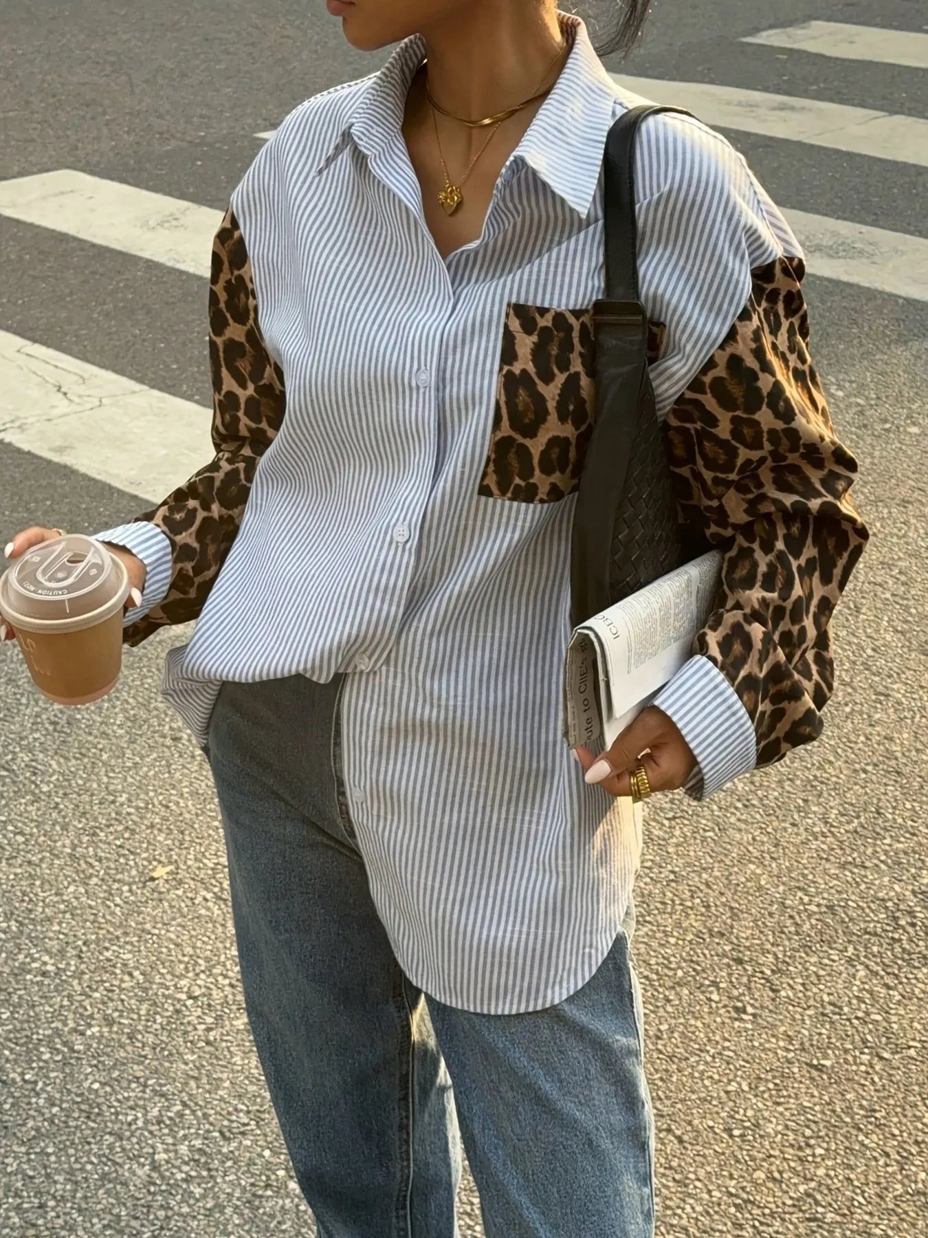 Leopard Print Sleeve Striped Button-Down Shirt - Multicolor