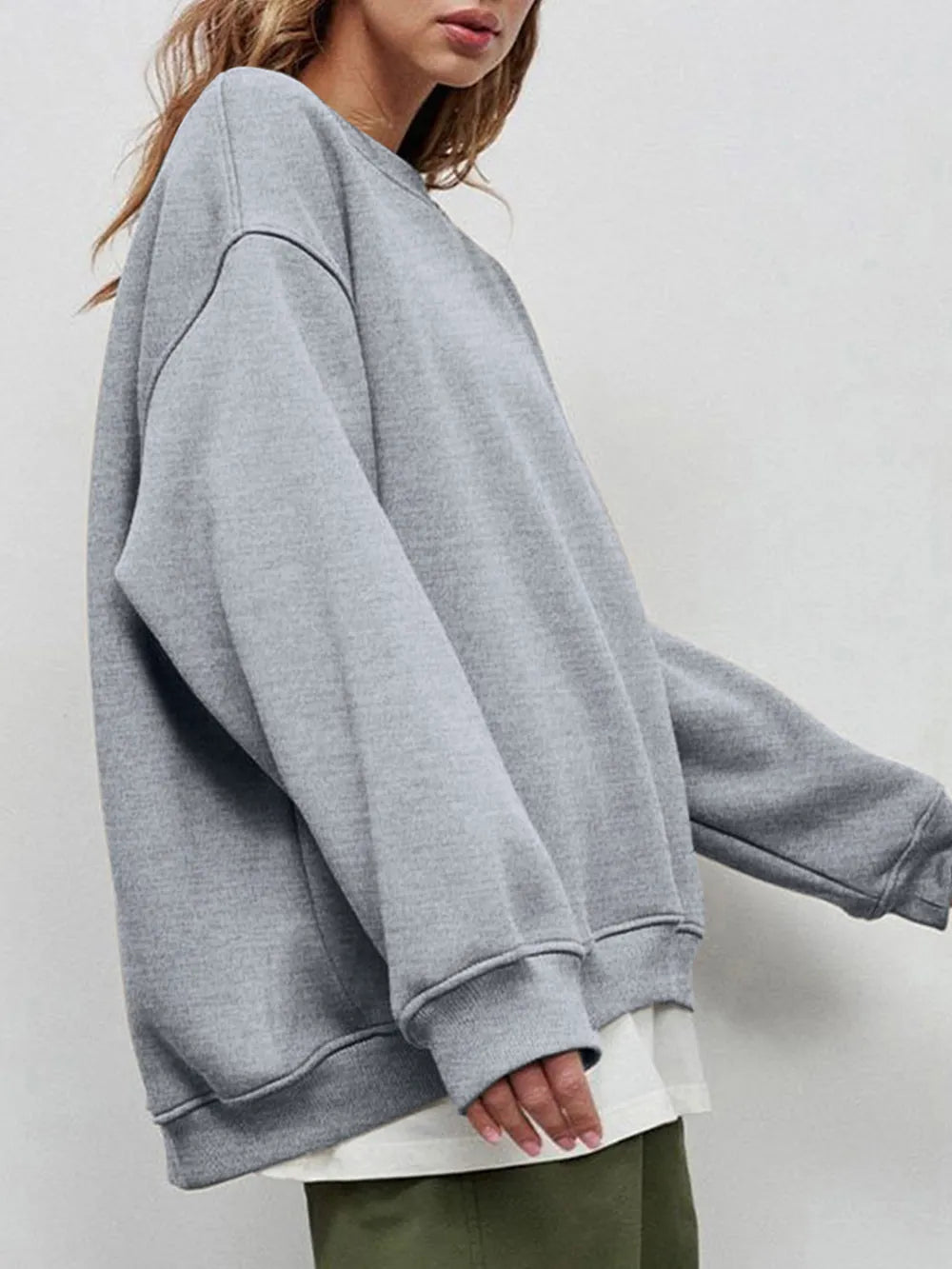 Round Neck Dropped Shoulder Long Sleeve Sweatshirt -