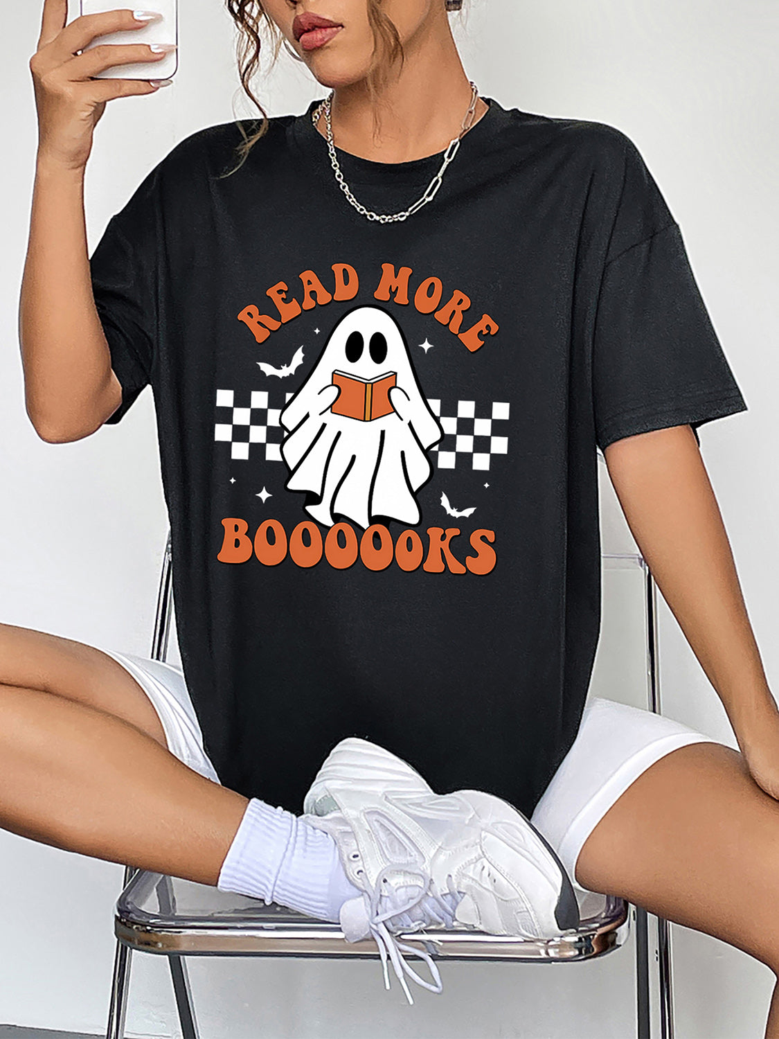 Round Neck Short Sleeve Ghost Graphic T-Shirt - Black