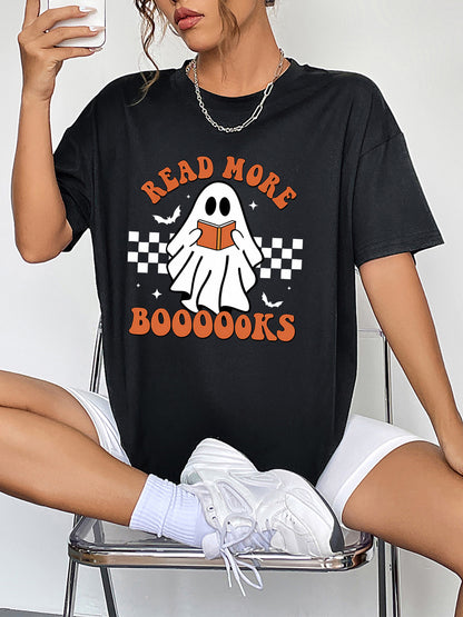 Round Neck Short Sleeve Ghost Graphic T-Shirt - Black