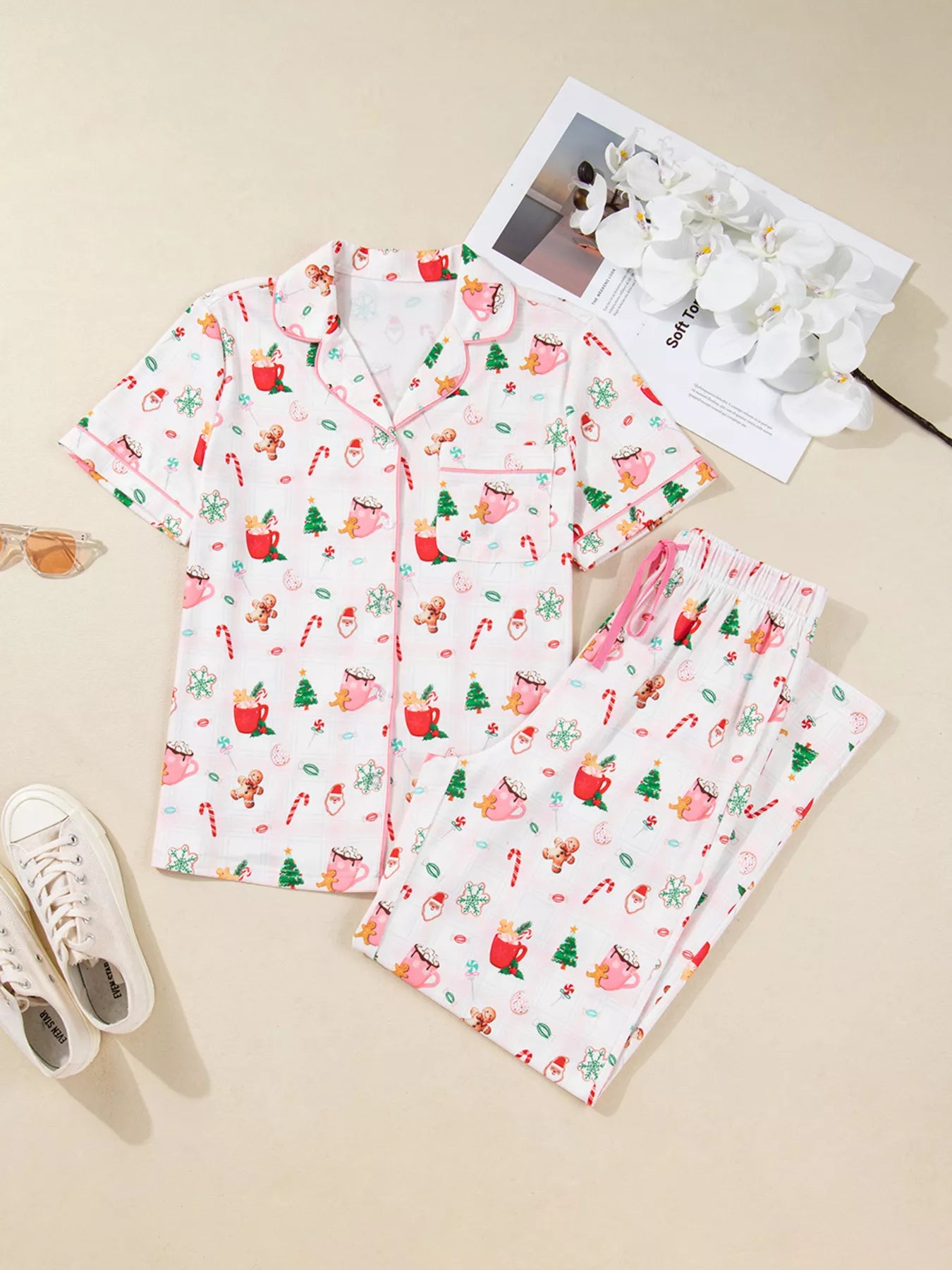 Holiday Print Short Sleeve Shirt and Pants Pajama Set -
