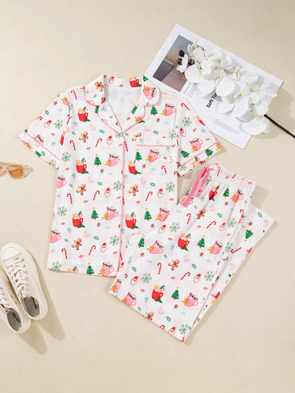Holiday Print Short Sleeve Shirt and Pants Pajama Set -