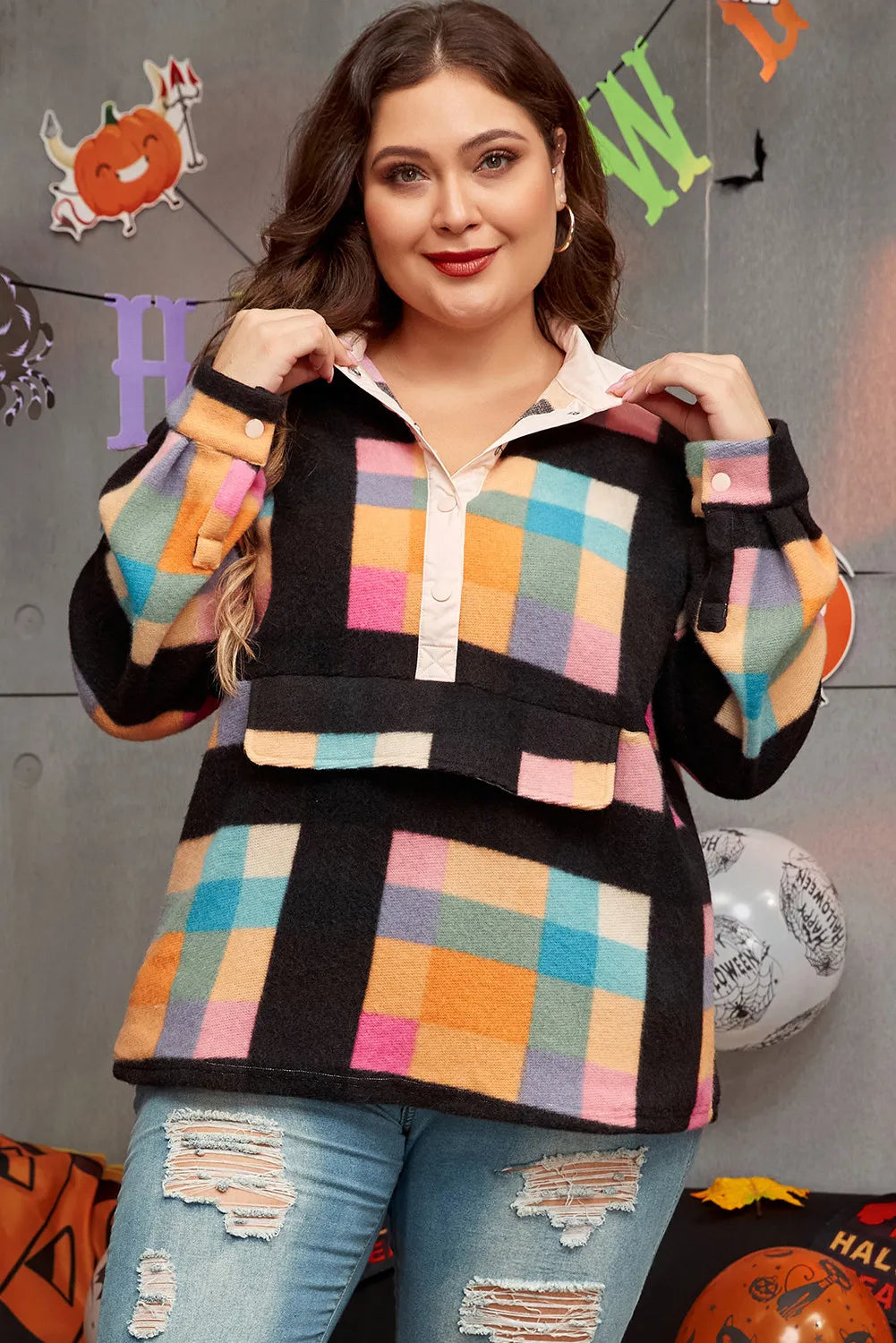 Plus Size Color Block Half Snap Long Sleeve Sweatshirt - Black