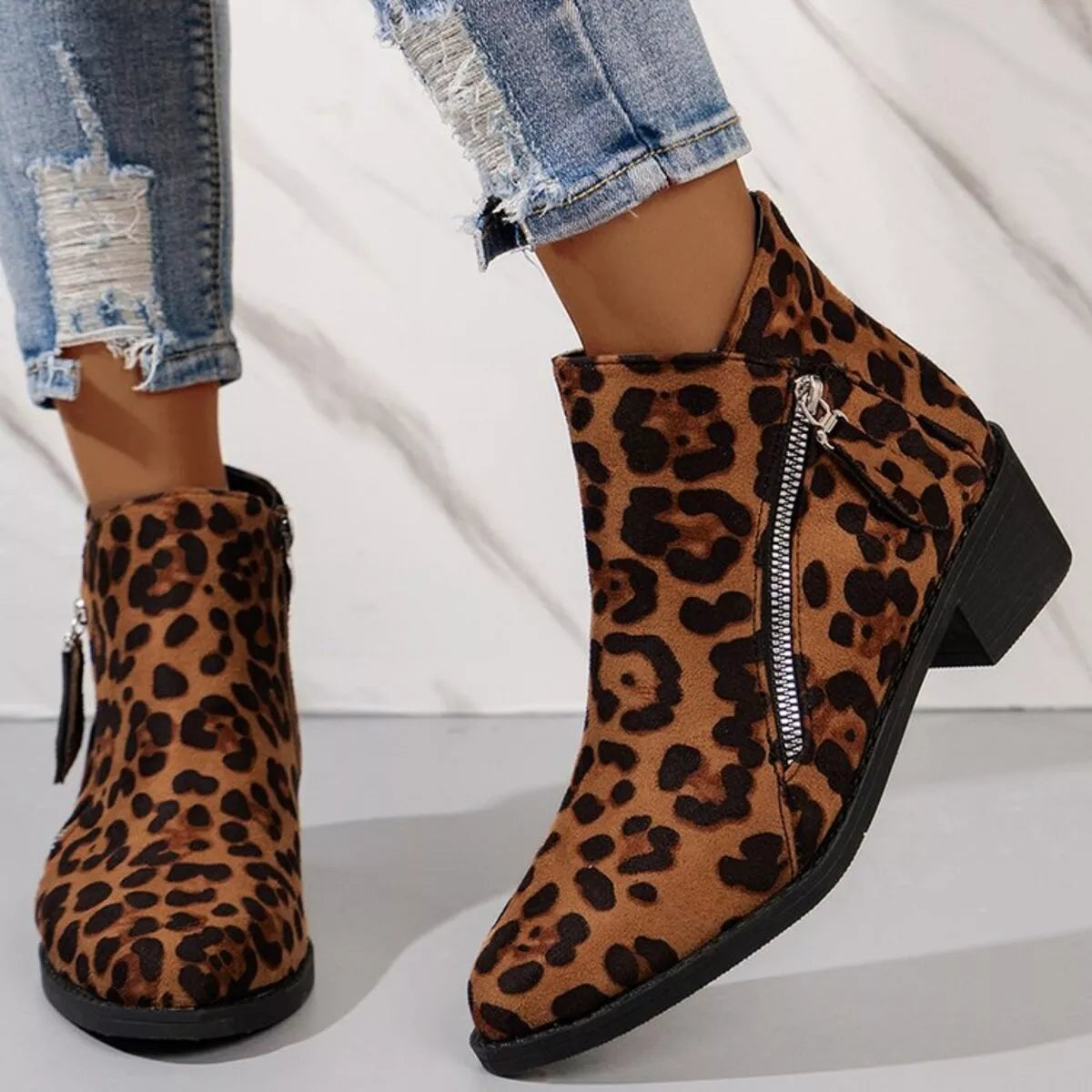 Point Toe Block Heels Boots - Leopard