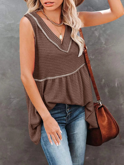 V-Neck Contrast Trim Waffle Knit Tank Top - Khaki