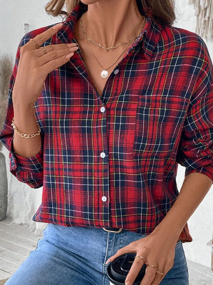 Plaid Button Up Long Sleeve Shirt - Deep Red