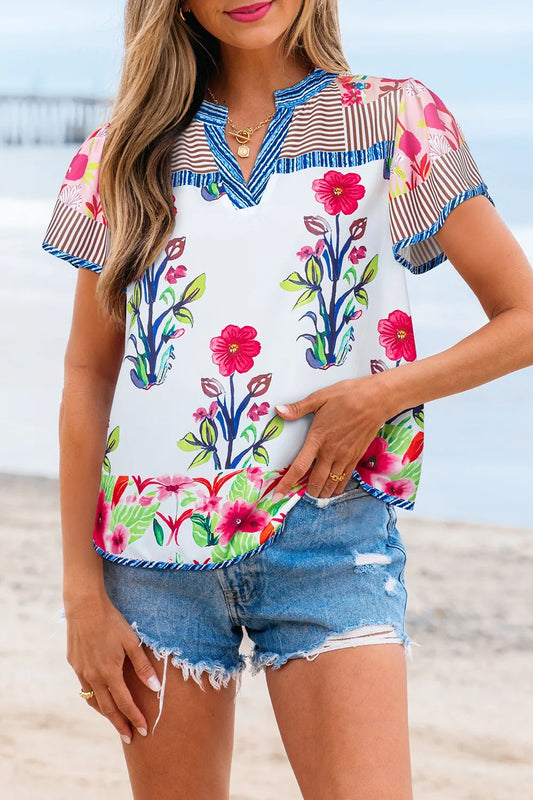 Floral Striped Patchwork Split Neck Blouse - White