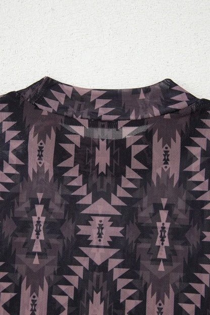Aztec Print Mock Neck Mesh T-Shirt -