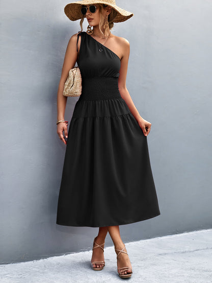 Asymmetrical One Shoulder Smocked Waist Midi Dress | AdoreStarr