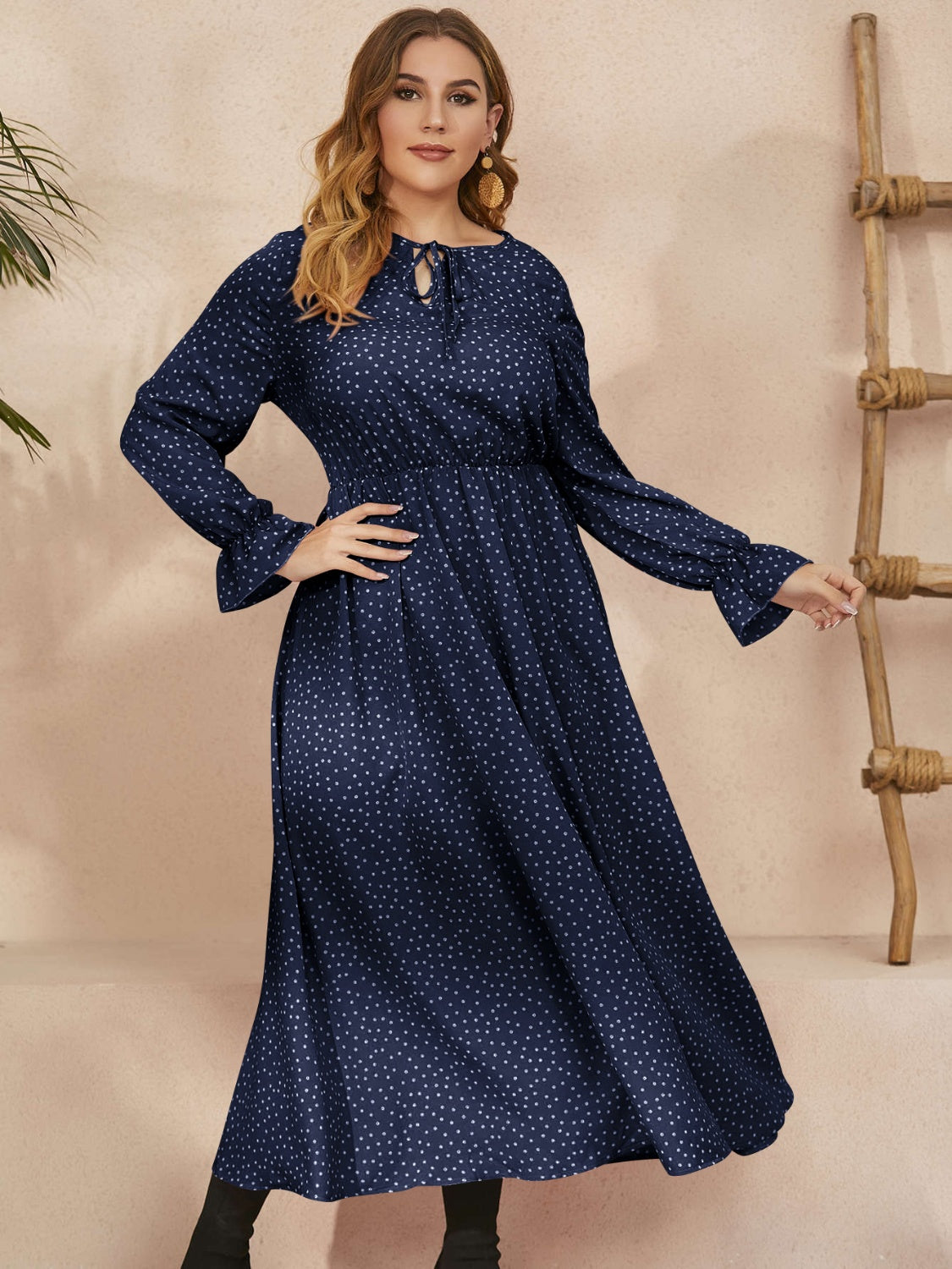 Plus Size Ruffled Polka Dot Long Sleeve Midi Dress - Navy