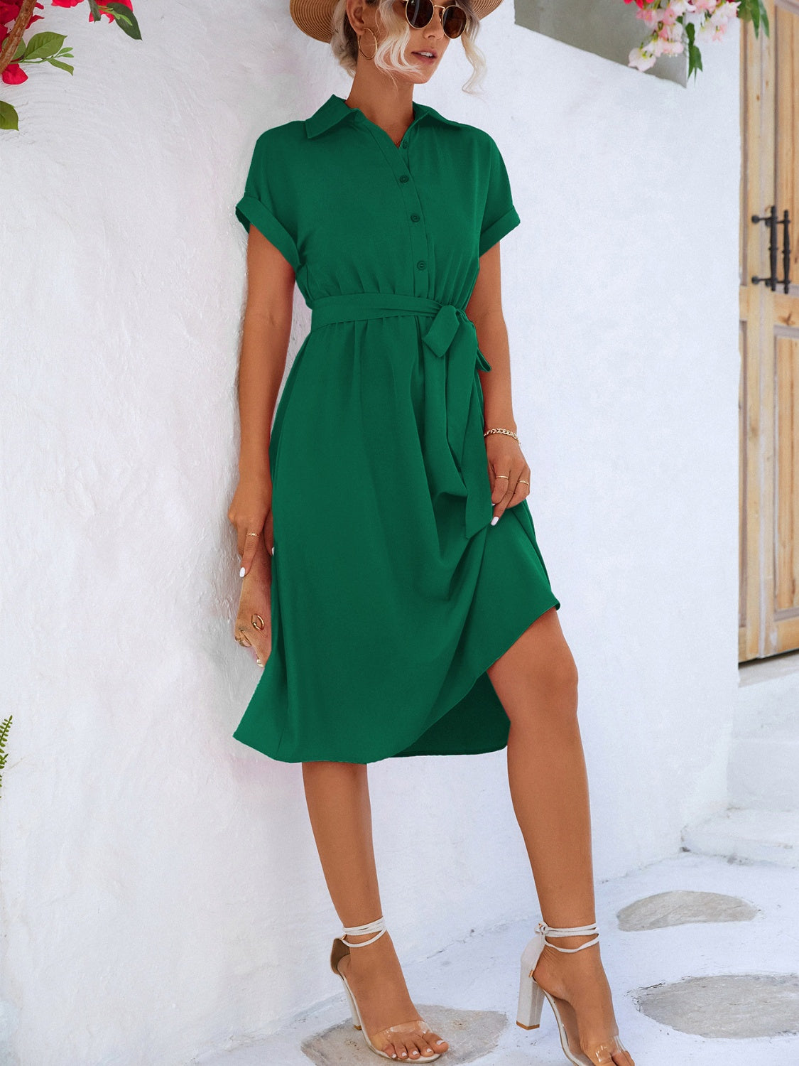 Buttoned Tie Waist Short Sleeve Dress | AdoreStarr