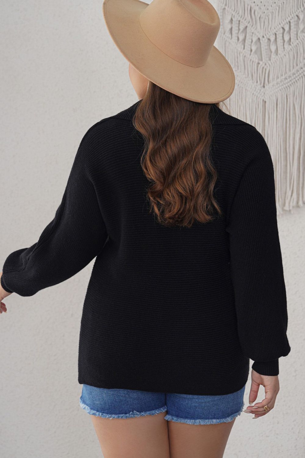 Plus Size Collared Neck Long Sleeve Sweater - Black