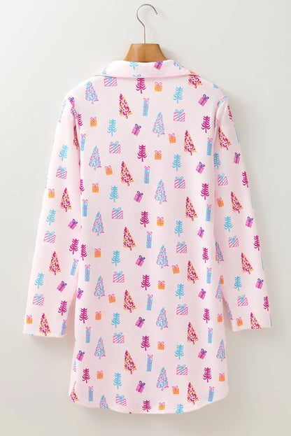 Printed Collared Neck Long Sleeve Lounge Dress -