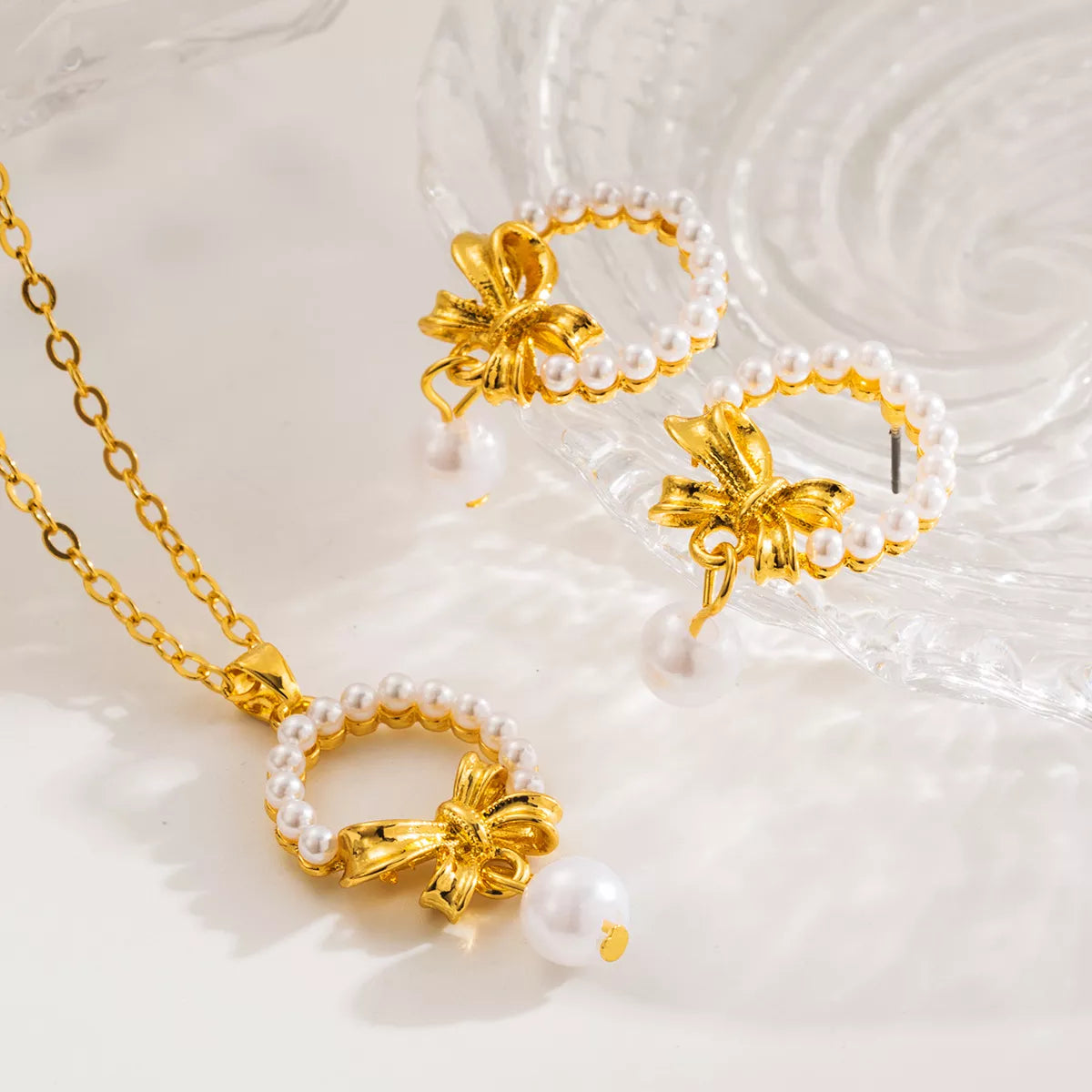 Bowknot Pearl Earrings and Pendant Necklace Jewelry Set -