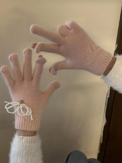 Pearl Embellished Knit Gloves -