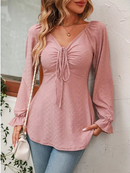 Drawstring Ruffled V-Neck Long Sleeve Blouse