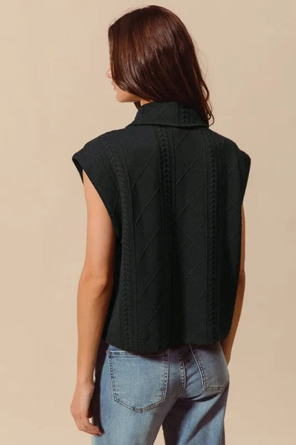 Cable Quilting Stitch Button Up Knit Vest - Black