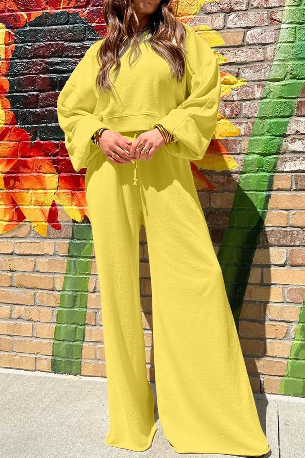 Round Neck Long Sleeve Sweatshirt and Pants Set -