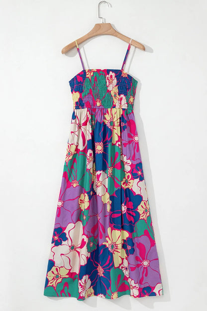 Floral Print Shirred Loose Maxi Dress -
