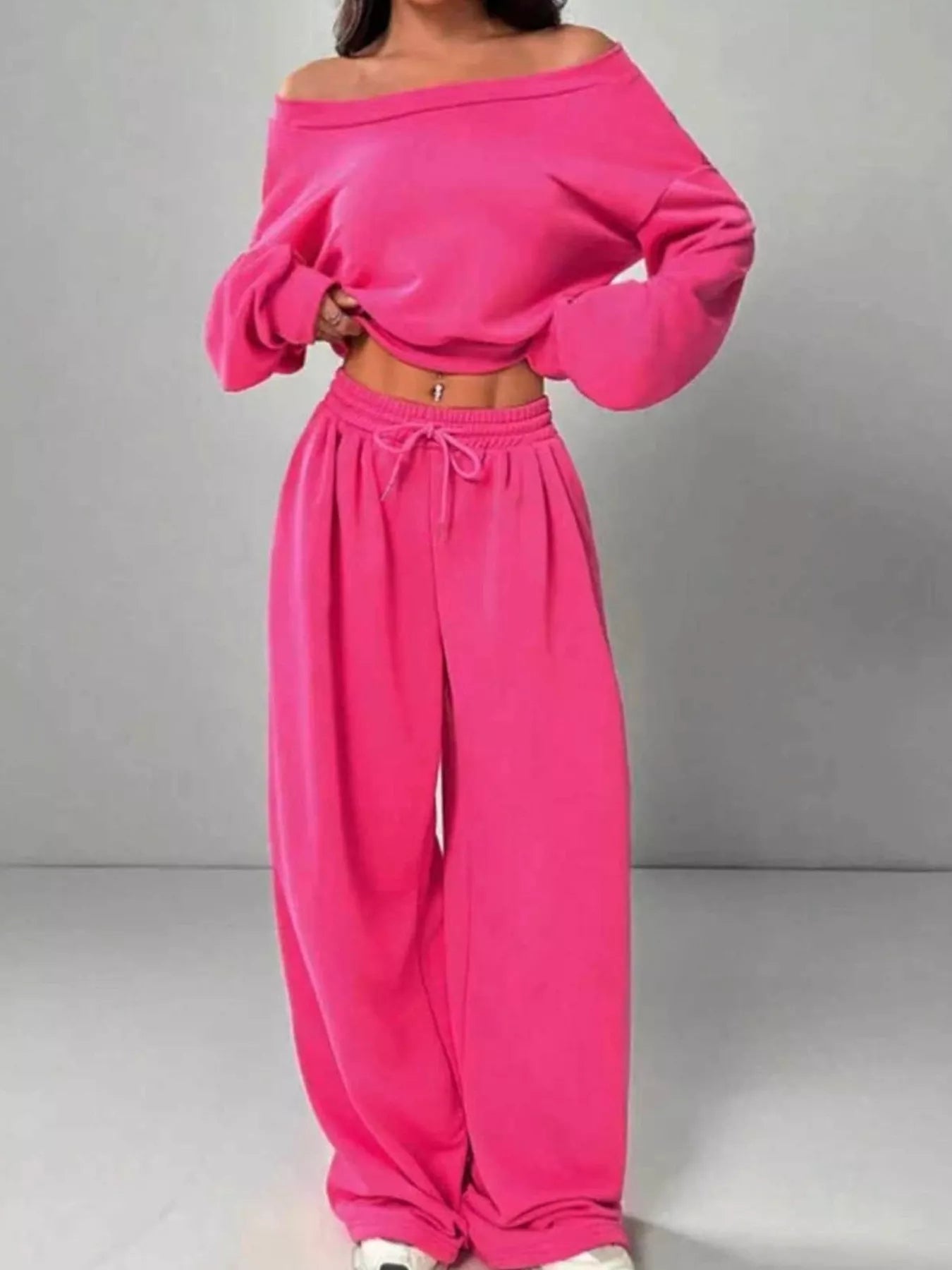 Boat Neck Long Sleeve Top and Pants Set -