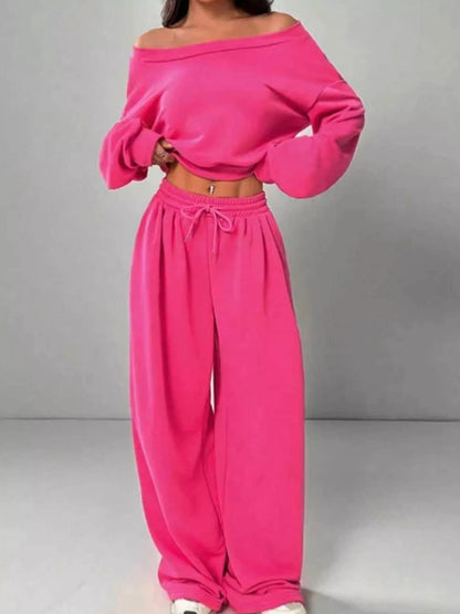 Boat Neck Long Sleeve Top and Pants Set -