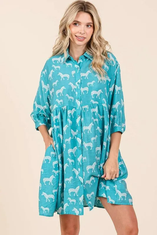 Zebra Print Button Down Shirt Mini Dress - Seagreen