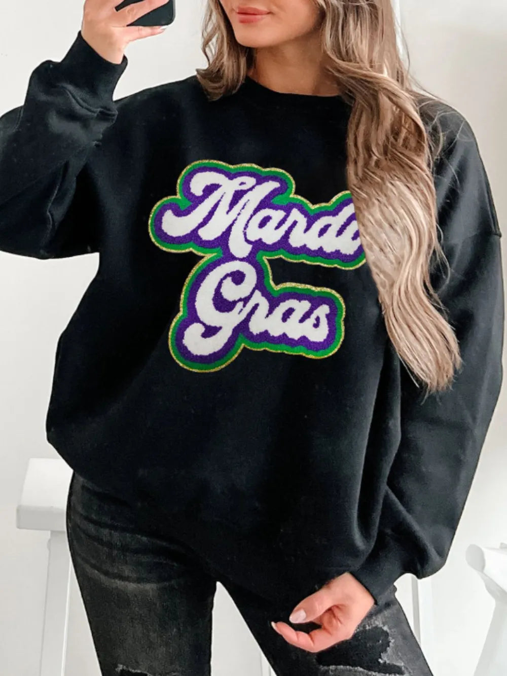 MARDI GRAS Round Neck Drop Shoulder Sweatshirt -