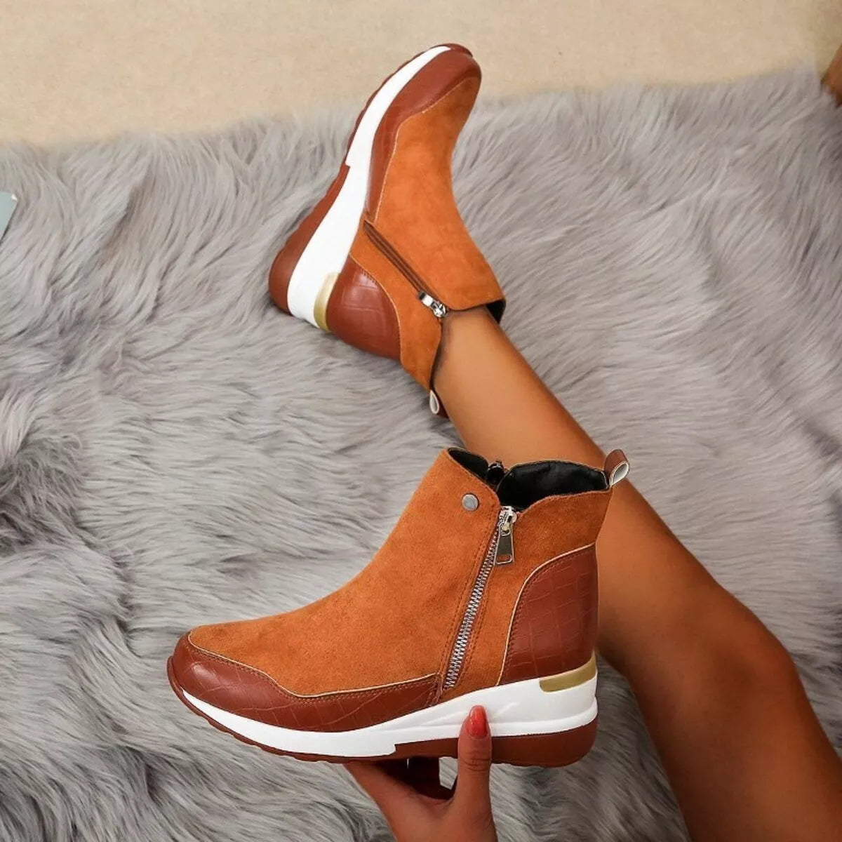 Side Zipper Ankle Boots - Brown