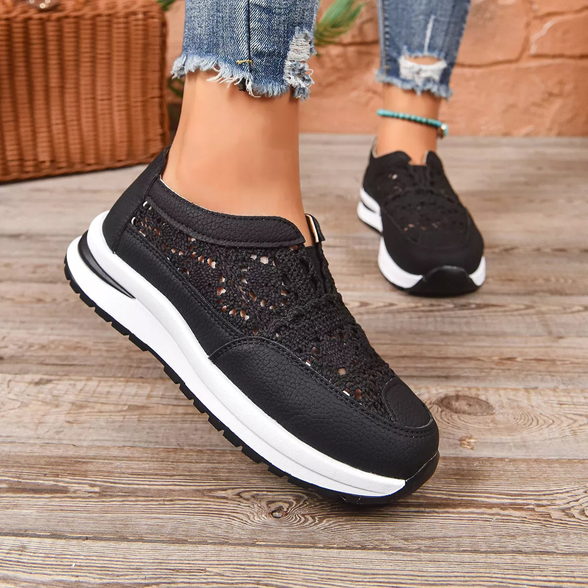 Breathable Round Toe Slip-Ons - Black