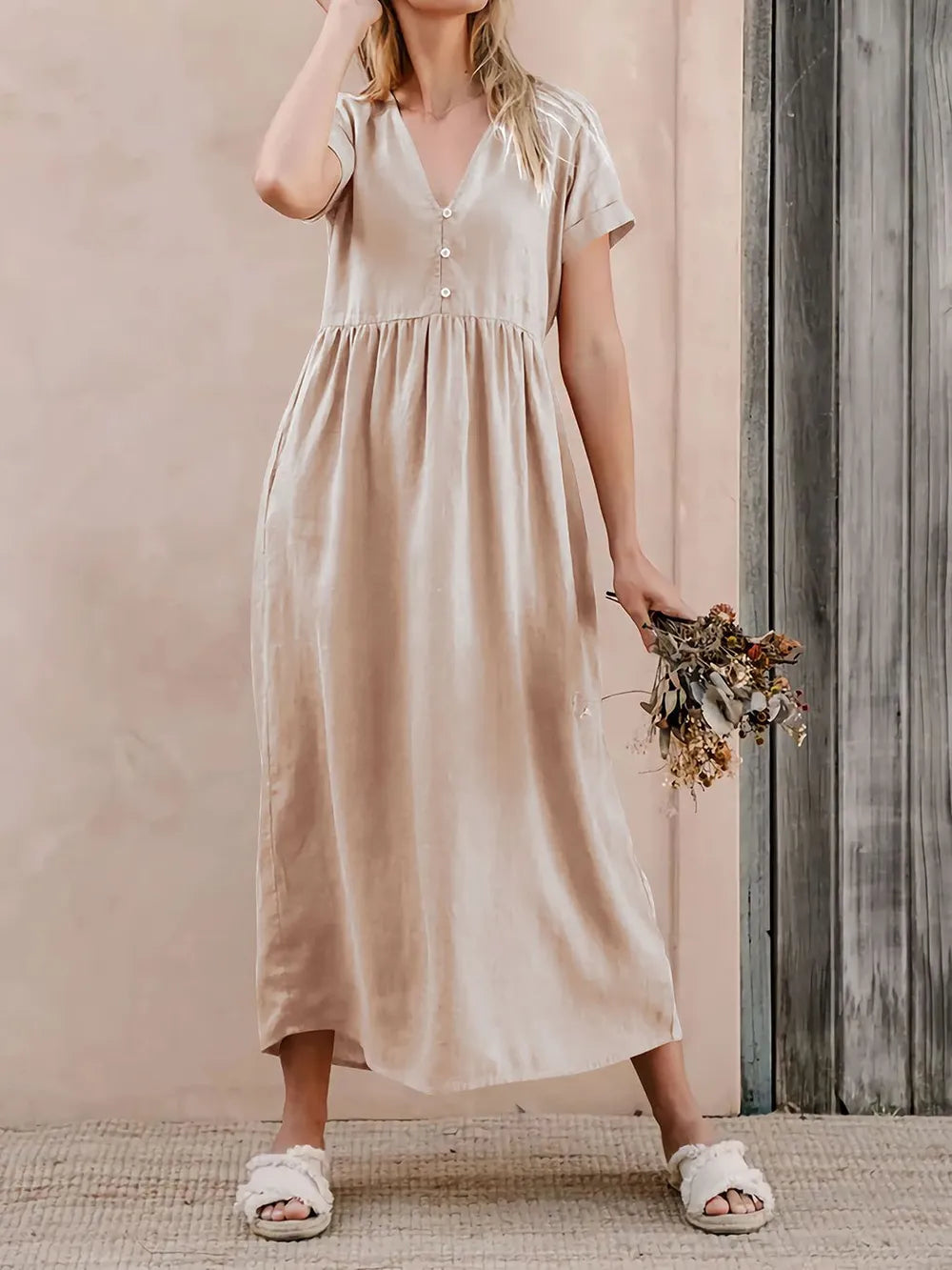V-Neck Short Sleeve Midi Dress - Tan